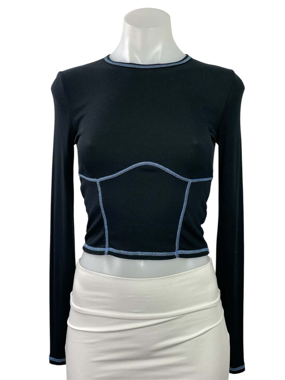 Aritzia Sunday Best Womens Black Stitched Long Sleeves Ribbed Knit Crop Top Sz S